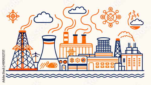 Nuclear power plant and energy production line art. Atomic power station vector illustration