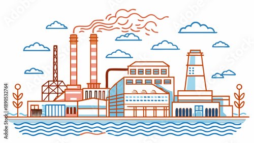 Nuclear power plant and energy production line art. Atomic power station vector illustration