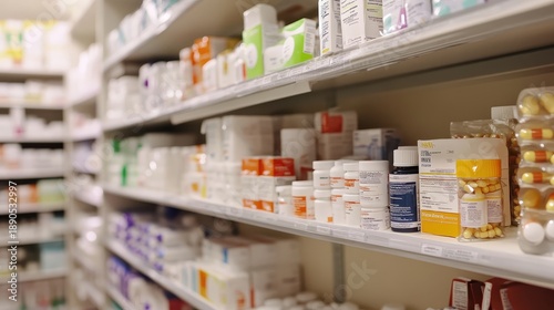 Arranged shelves of pharmacy products and medicines displayed for sale