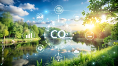 Monitoring CO2 emissions and analyzing environmental data. Concepts of ecology and climate change against a backdrop of green nature.