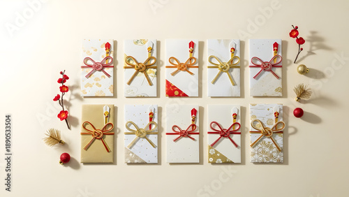 Collection of beautifully decorated traditional Japanese ceremonial gift envelopes known as shugi bukuro or noshi envelopes arranged neatly for an elegant presentation