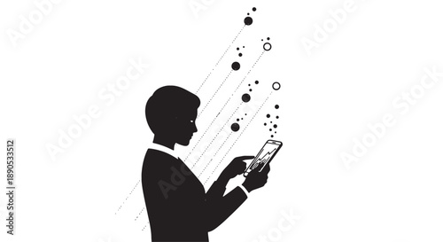 Man in suit using smartphone with data visualization and wireless earbuds in minimalist black silhouette style