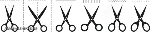 Scissors icon set, cutting styles, dashed line, zigzag cut, dotted path, silhouette scissors, crafting tool, sewing graphic, editable vector