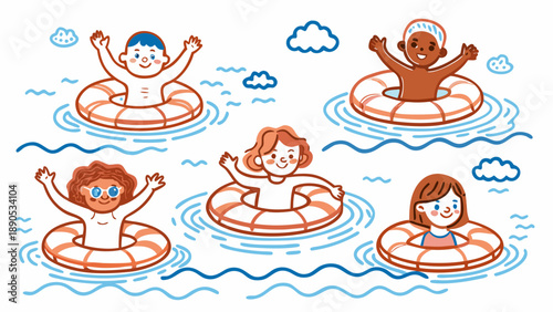 Children swimming in the sea in lifebuoys linear illustration on a white background