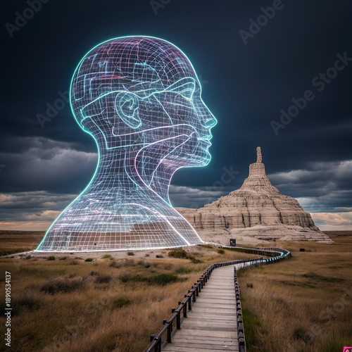 A digital human head and artificial intelligence in a futuristic landscape