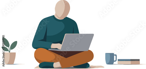 Abstract geometric human figure sits alone at center of vast white space expressing remote work isolation with empty surroundings