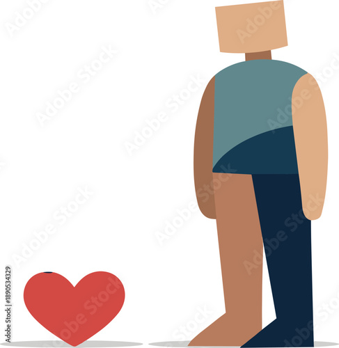 Calm abstract geometric human figure stands beside single grounded heart reframing online validation chase into self-worth,