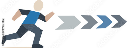 Abstract geometric human figure runs forward toward repeating arrow markers expressing virtual productivity race with no finish