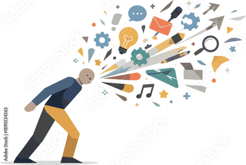 Single abstract geometric human figure leans as scattered symbols multiply and overlap conveying rising intensity within digital