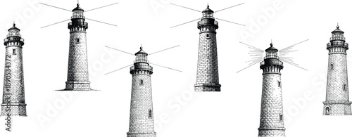 Engraving art collection of six vintage lighthouse illustrations with beams of light vector