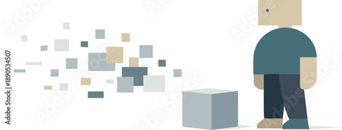 Calm abstract geometric figure stands beside single grounded block in wide white space resolving digital information avalanche