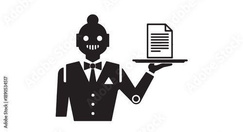 Robot butler serving document on tray in formal attire and bow tie simple black silhouette design