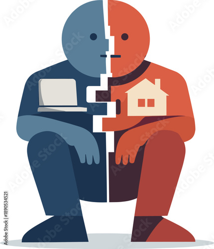 Single abstract geometric figure is visually split by interlocking blocks suggesting internal conflict caused by virtual work
