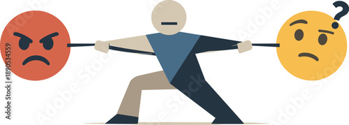 Single abstract geometric figure pulled between conflicting emoji symbols revealing tension and misinterpretation in emoji-driven