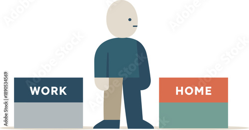 Calm abstract geometric figure stands beside clearly separated work and home blocks in wide white space reframing digital