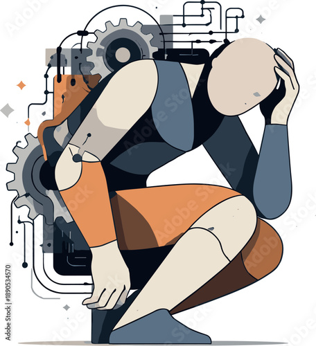 Abstract geometric figure partially aligns with machine geometry becoming rigid form suggesting internalization of artificial