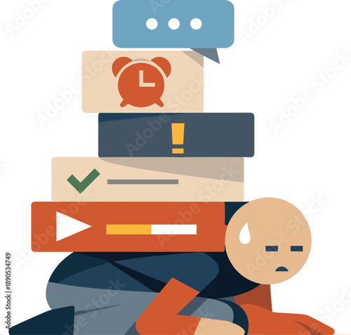 Single abstract geometric human figure compressed beneath stacked task blocks revealing cognitive overload and reduced capacity