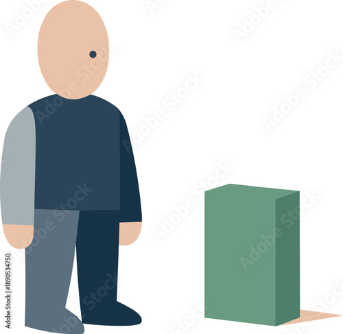 Calm abstract geometric human figure stands beside single intentionally chosen suggestion block in wide white space reframing