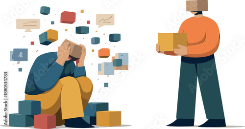 Second abstract geometric human figure appears holding a single stabilized block while first remains surrounded showing early