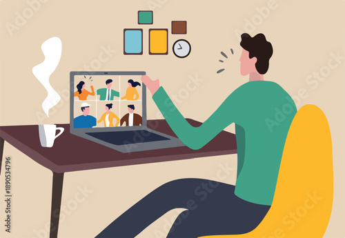 Work from home video conference meeting with team in social distancing Coronavirus COVID-19 pandemic concept, office guy stay home working at home chair conference meeting with team on laptop computer