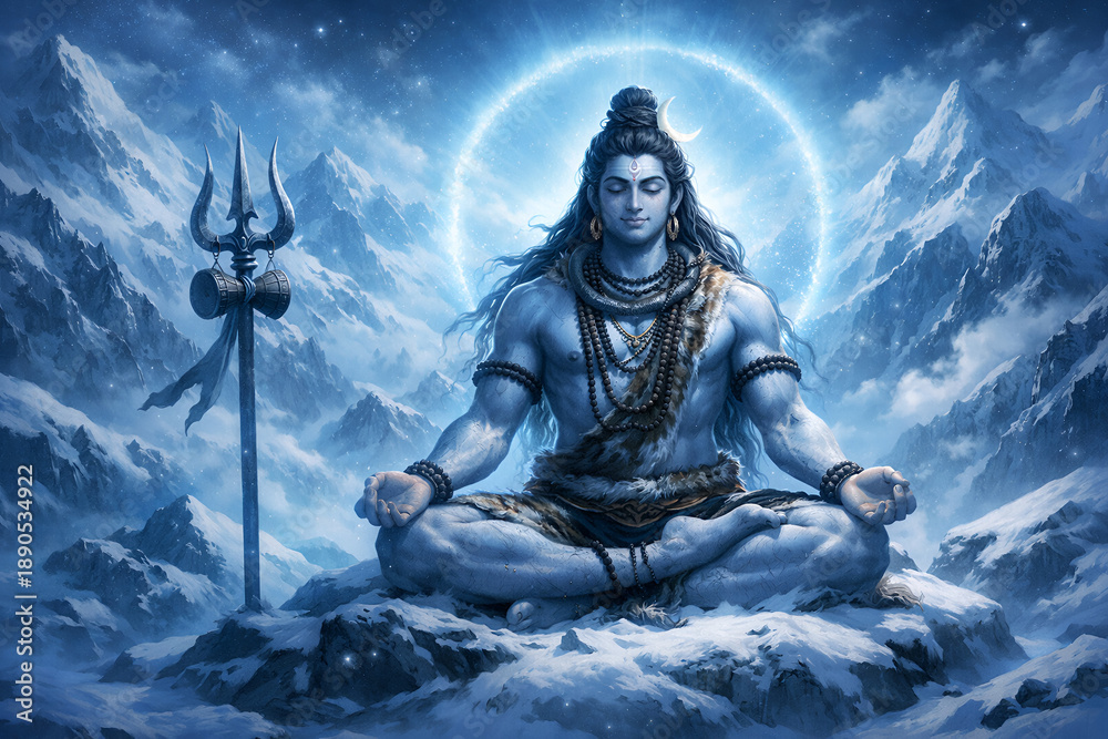 Fototapeta premium Lord Shiva Meditating in the Himalayas, Digital Art