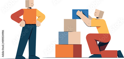 Second abstract geometric human figure appears adjusting one block while first observes, showing early interaction within