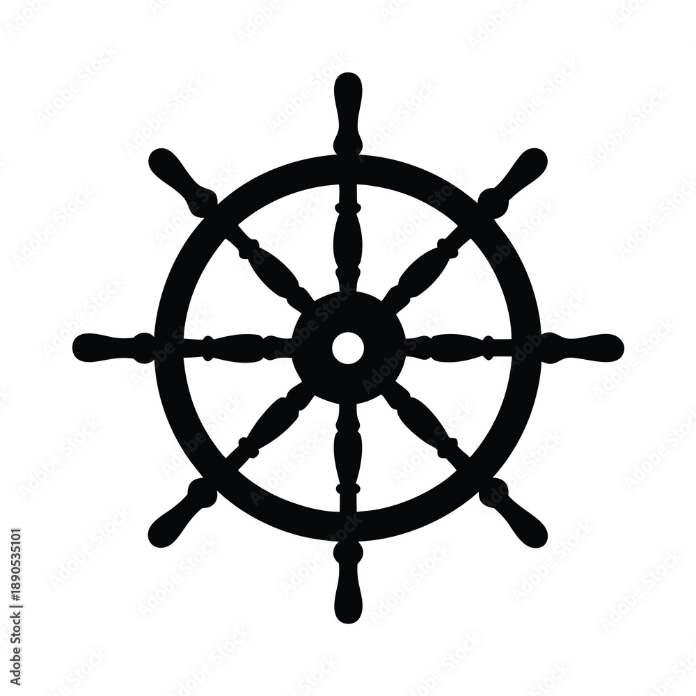 Obraz premium Black and white ship wheel with eight spokes isolated on white background