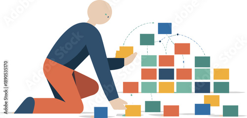 Geometric Logic Construction. Single abstract geometric human figure arranges multiple blocks into coherent repeating sequences