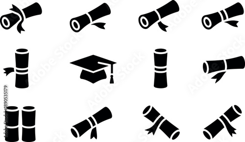 Collection of black graduation cap and diploma scroll icons isolated on a transparent background for academic achievements