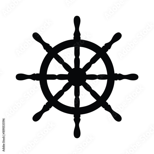 Black silhouette of a ship's wheel isolated on white background, vector illustration