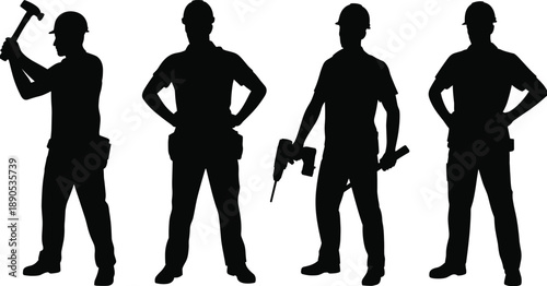 Construction worker silhouettes holding hammer and drill tools, professional builders wearing safety helmets, industrial labor teamwork concept, black flat vector illustration