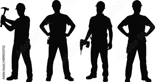 Construction worker silhouette set, professional builders standing with tools, industrial labor teamwork concept, isolated black vector illustration on white background