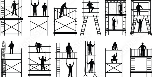 Construction workers on scaffolding silhouettes set, builders working at height, safety equipment platforms, industrial job site scenes, black editable vector illustration collection
