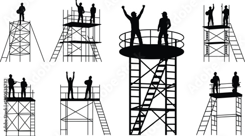 Construction workers silhouettes on scaffolding towers, teamwork and safety at height, industrial building structures, black vector illustration isolated on white background