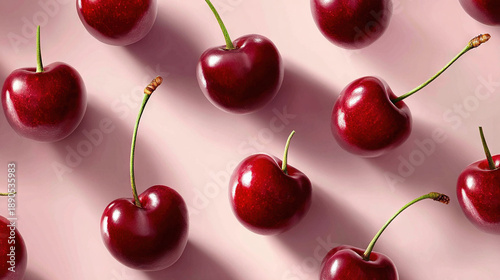 Fresh Red Cherries with Stems on Soft Background