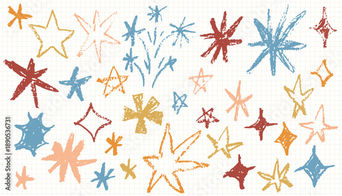 A colorful assortment of rough, hand sketched star icons illustrated with a wax crayon effect. The fun, casual drawings provide festive flair for children's art projects and whimsical branding.