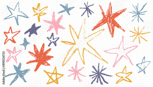 A playful, vibrant set of hand drawn stars in various shapes and sizes with a crayon texture. Isolated on a grid background, this collection is perfect for kids' designs and festive decorations.