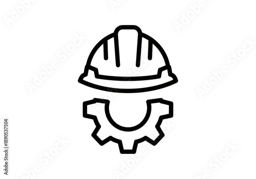 A simple outline icon of a construction hard hat above a half gear symbolizing engineering industry and safety