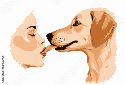 Illustration of a Woman and a Labrador Retriever Sharing a Playful Interaction with a Gentle Touch on a White Background Emphasizing Friendship and Companionship