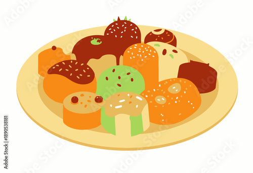A tempting assortment of colorful and delectable pastries and desserts on a decorative plate, showcasing a variety of flavors, textures, and garnishes