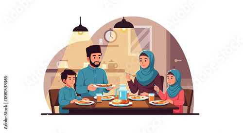 Family Having Meal Together Cartoon Illustration.