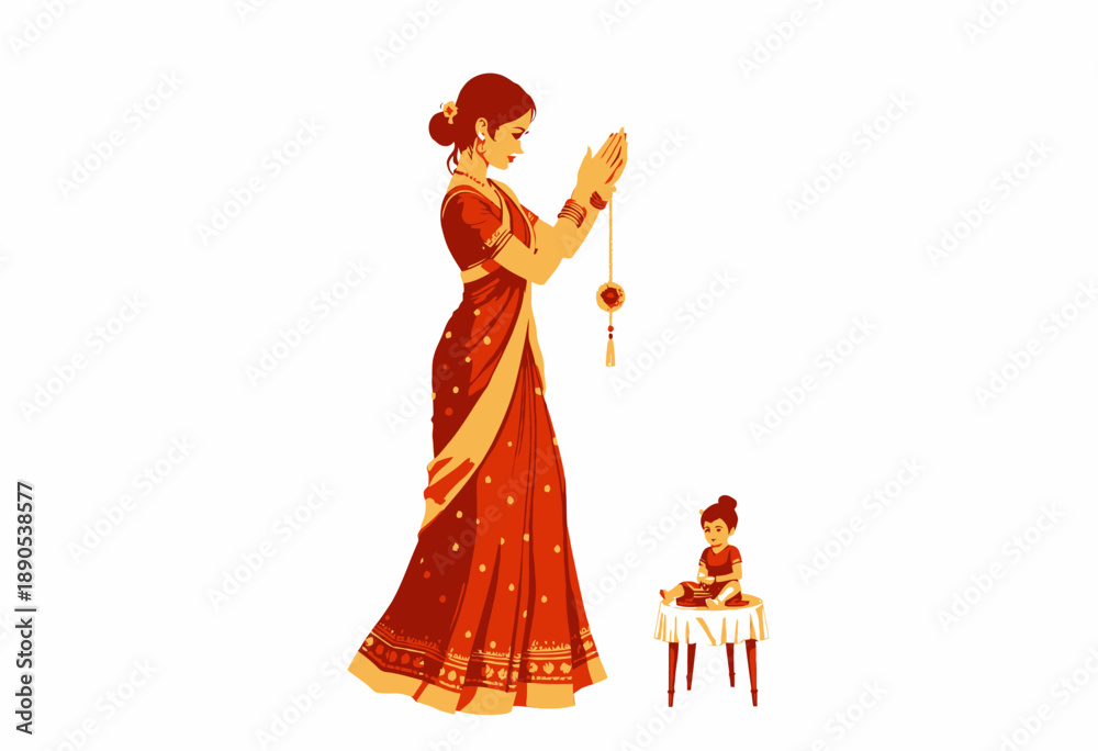Fototapeta premium Illustration of a woman in traditional attire praying beside a child seated on a small table, embodying cultural rituals and familial bonds in a serene setting.