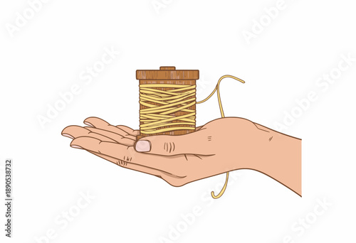 Illustration of a Hand Gently Holding a Wooden Spool with Golden Thread Unraveling Across a White Background