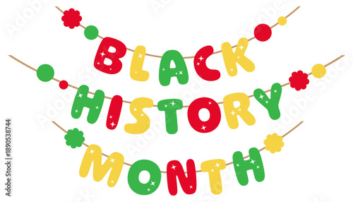 vector red, yellow, and green black history month garland with rounded letters and sparkles