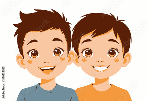 Illustration of two cheerful children with bright smiles, featuring big brown eyes, wearing casual shirts, showcasing youthful joy and innocence against a white background.