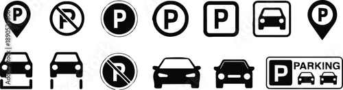 parking signage icons p in circle square pin car silhouette and sign