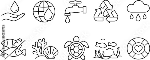 Collection of environmental protection icons including water conservation and marine life