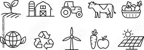 Set of icons representing agriculture, sustainability, and renewable energy sources