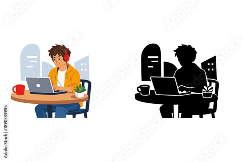 Person working on a laptop at a cafe table during the daytime with a drink and a plant on the table