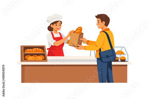 Bakery worker hands a customer a bag of baked goods in a shop during the morning hours